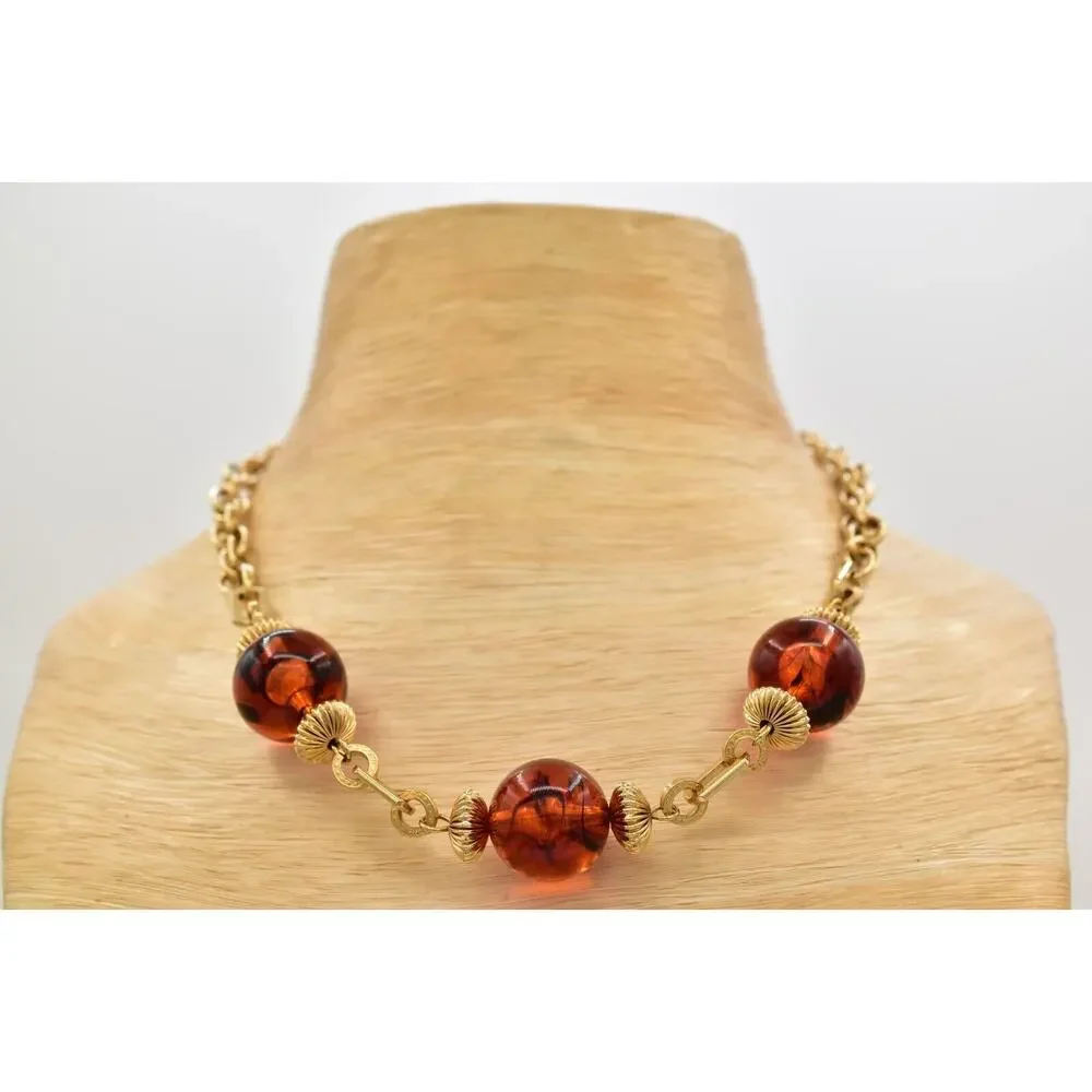 Vintage Collar Necklace Tortoise Station Gold Tone Chain Chunky 1980s BinBJ